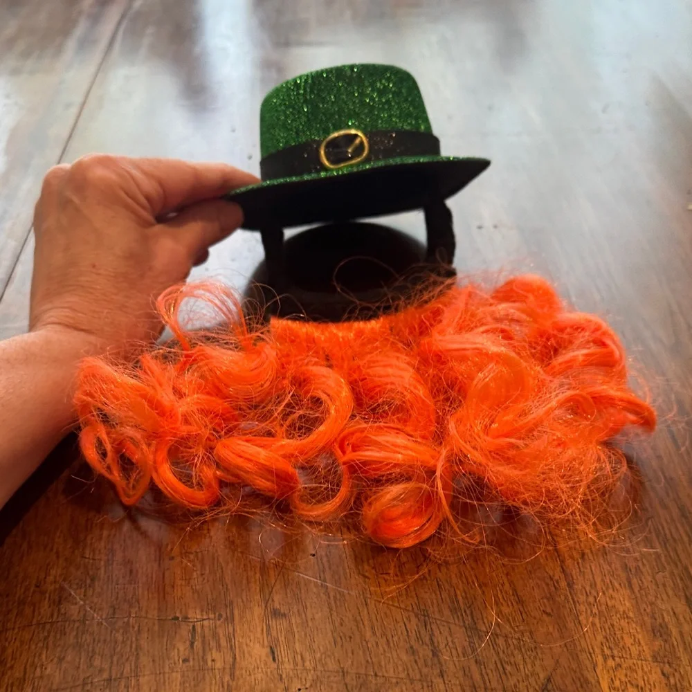 St Patrick  Leprechaun Green Glitter Dog Hat with Orange Beard